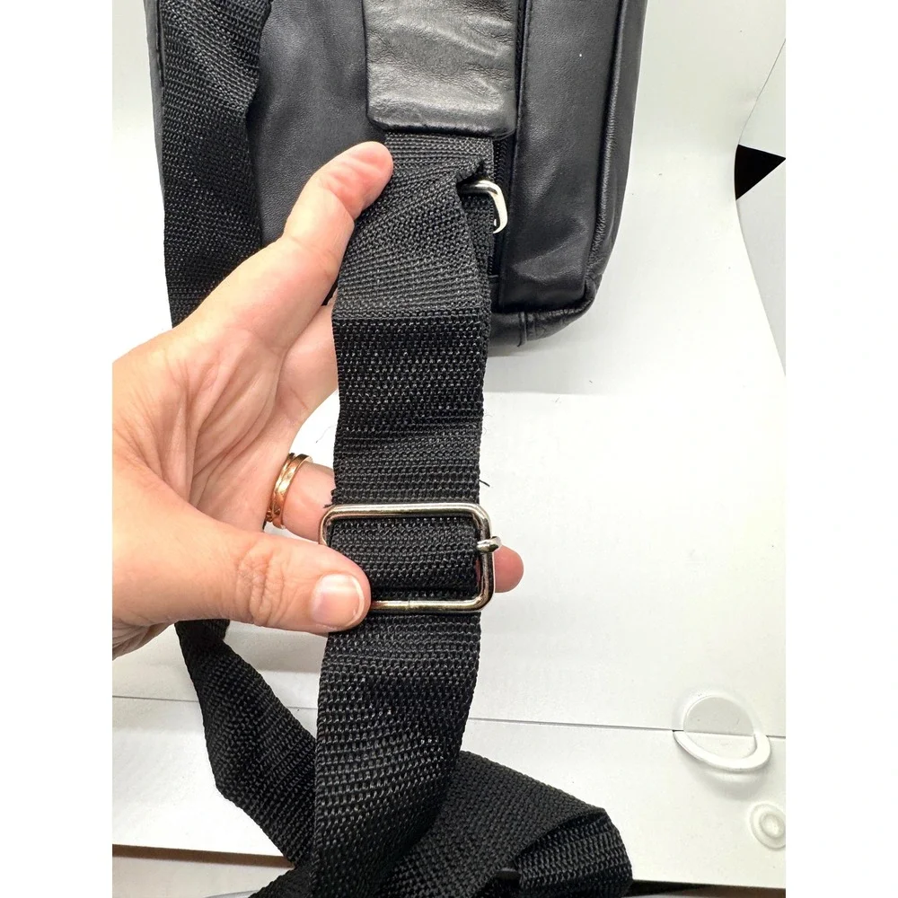 Black Leather Crossbody Sling Bag Multi Pocket Utility Messenger Travel Bag